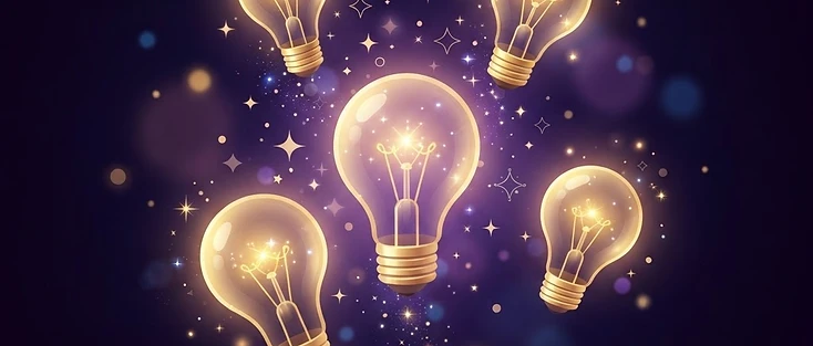 Glowing golden lightbulbs floating over a purple background