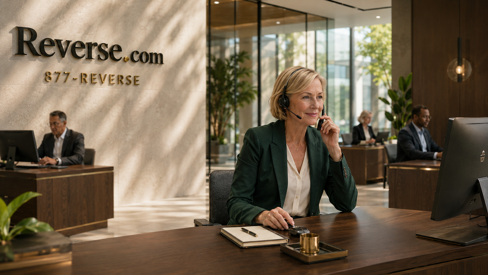 A Reverse.com advisor at a walnut desk, headset on, taking a call