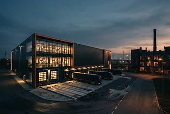 Moderní výrobní hala s osvětlenými okny a kamiony u nakládacích ramp za soumraku