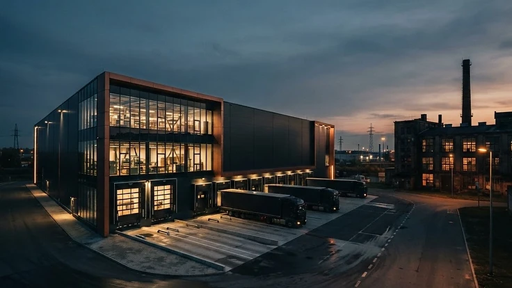 Moderní výrobní hala s osvětlenými okny a kamiony u nakládacích ramp za soumraku