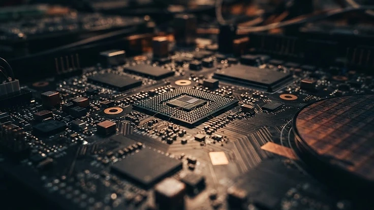 Detail polovodičových čipů na desce plošných spojů – růst cen elektronických komponent