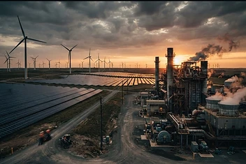 Větrné turbíny a solární panely u průmyslového závodu – nízkouhlíkový dodavatelský řetězec