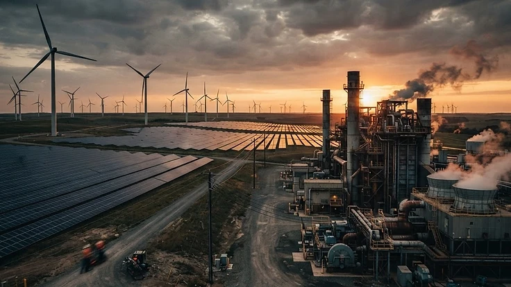 Větrné turbíny a solární panely u průmyslového závodu – nízkouhlíkový dodavatelský řetězec