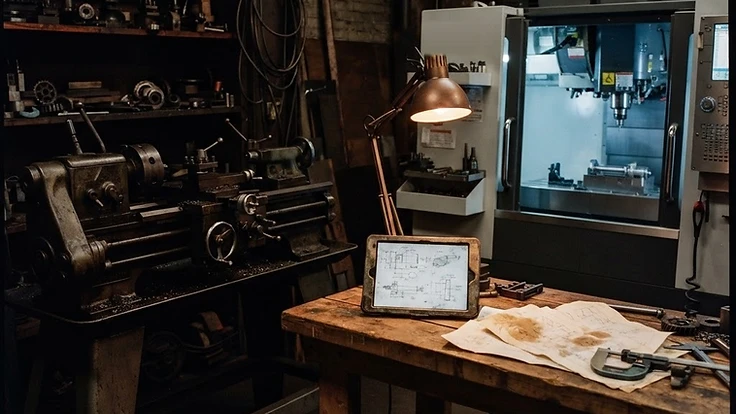 Rodinná strojírenská dílna se starým ručním soustruhem vedle moderního CNC stroje a technickými výkresy na stole