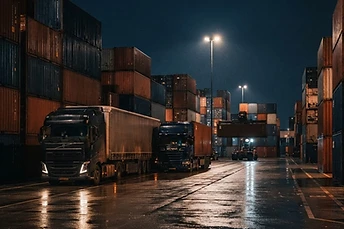 Nákladní automobily a kontejnery v přístavním terminálu — obchodní dohoda EU–Mercosur a dovozní cla