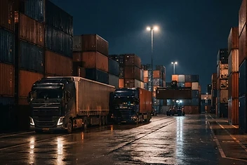 Nákladní automobily a kontejnery v přístavním terminálu — obchodní dohoda EU–Mercosur a dovozní cla