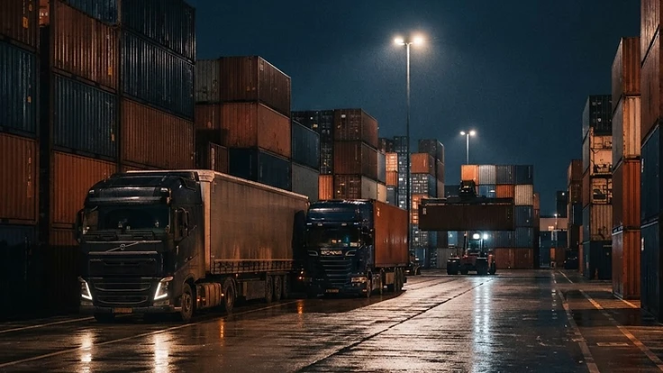 Nákladní automobily a kontejnery v přístavním terminálu — obchodní dohoda EU–Mercosur a dovozní cla