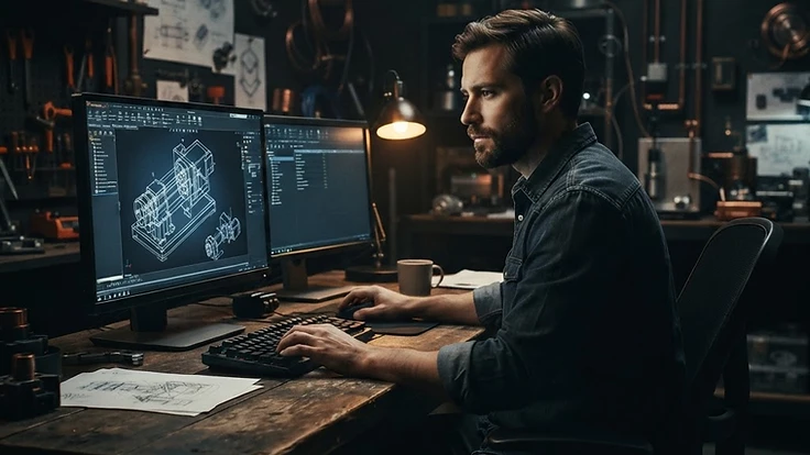 Konstruktér u počítače s 3D modelem strojního dílu v dílně