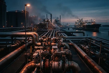 Potrubí a terminál na zemní plyn za soumraku – vývoj cen energií a dopravy 2026