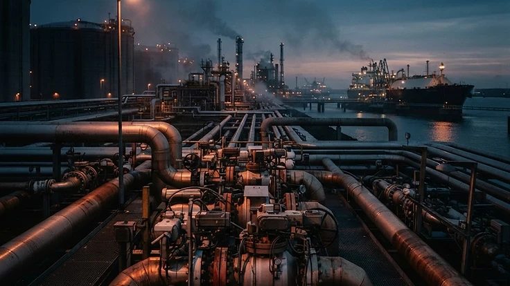 Potrubí a terminál na zemní plyn za soumraku – vývoj cen energií a dopravy 2026