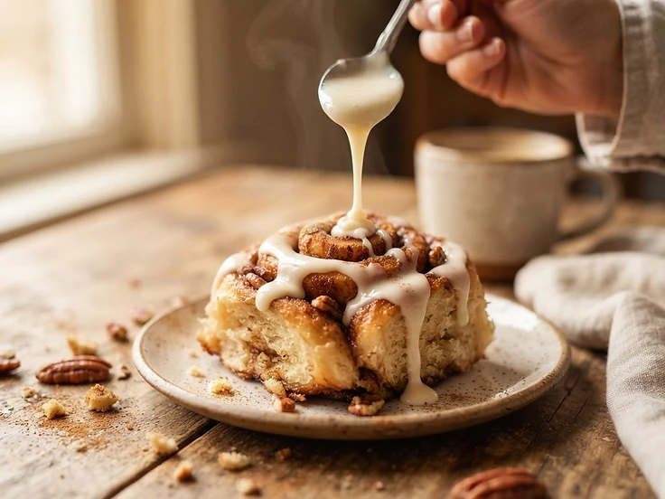 Fresh cinnamon roll being drizzled with glaze