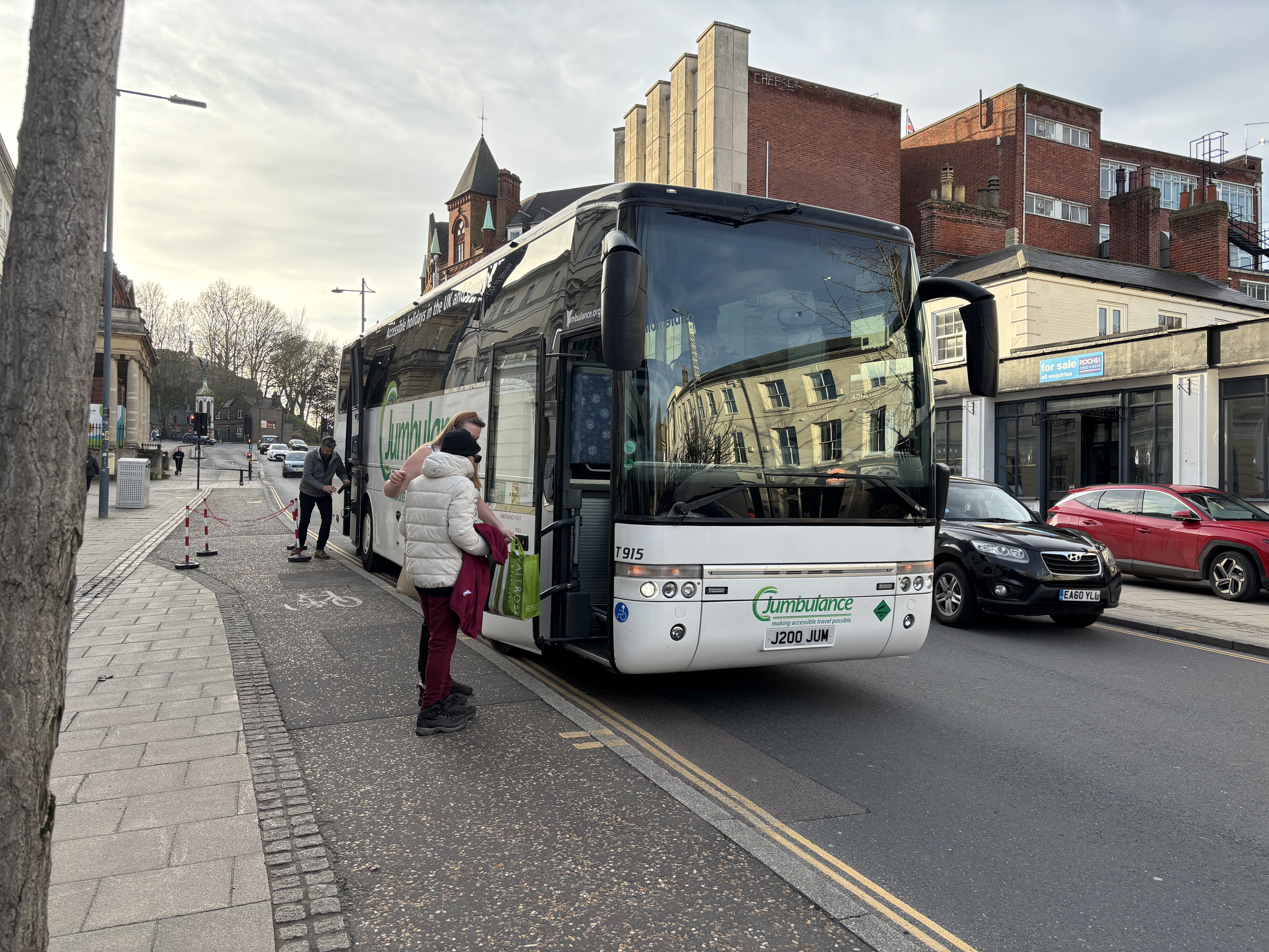 The Jumbulance coach parked in a town centre