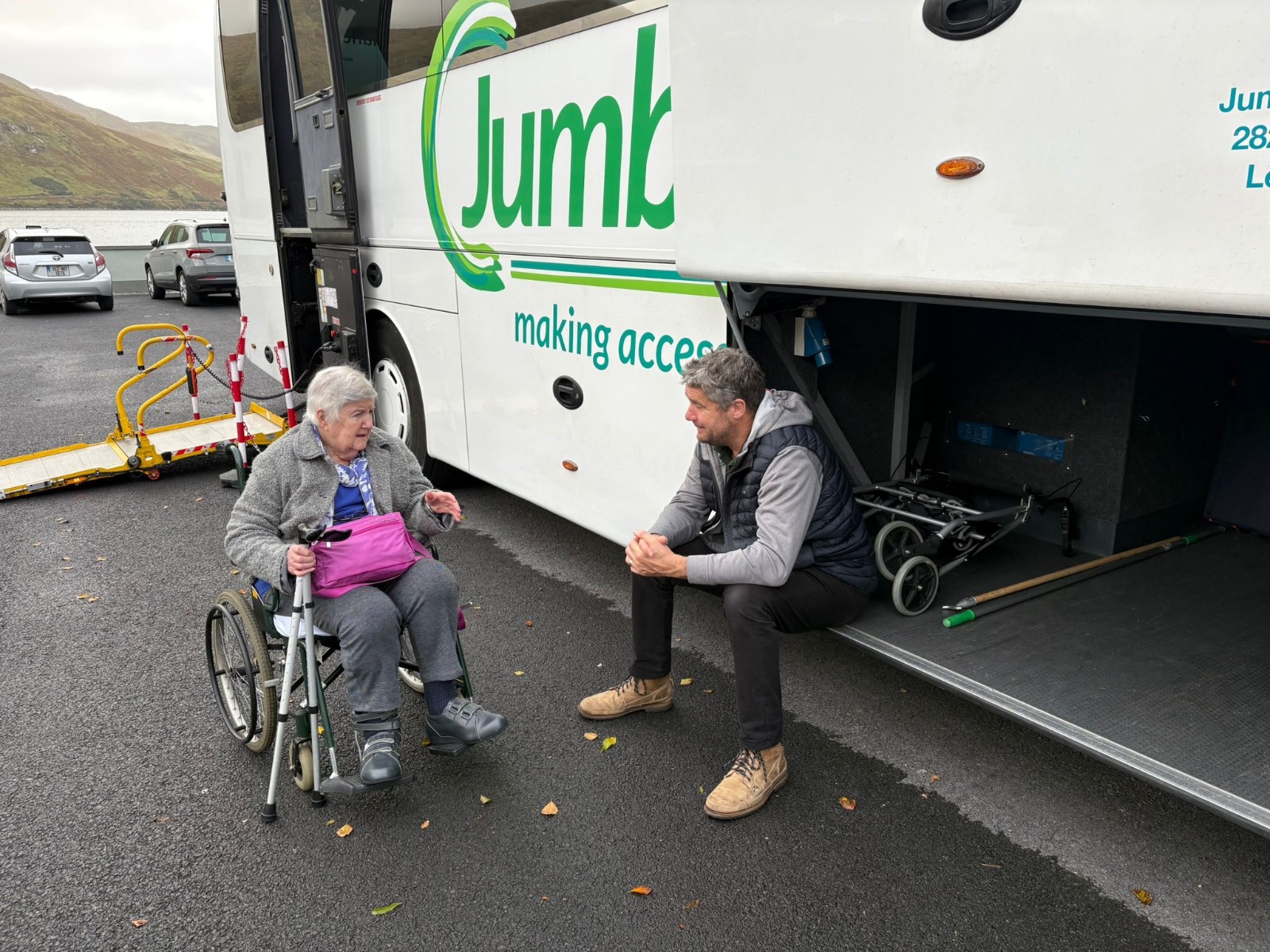 The large undercoach storage bay of a Jumbulance, with mobility equipment stowed inside.