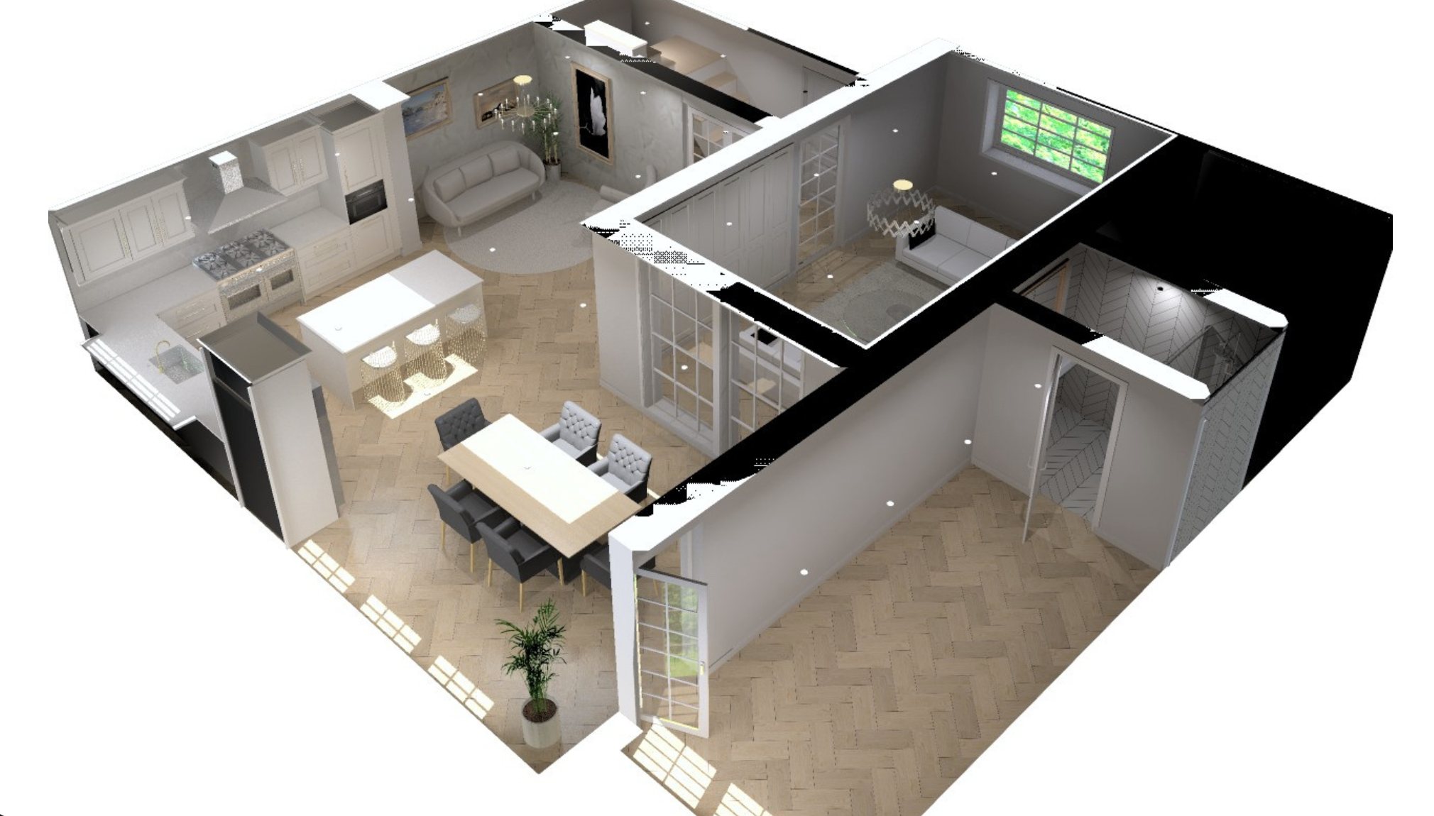 Layout render — open-plan kitchen, dining and living space