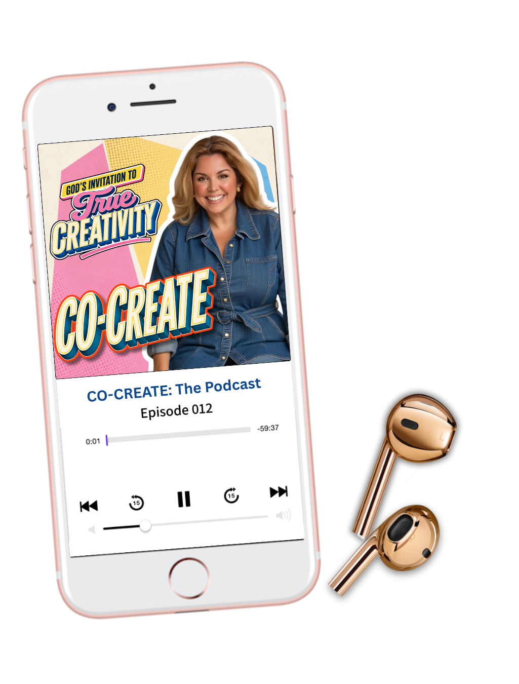 Co-Create podcast player on a rose-gold phone with earbuds