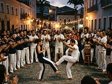 Afro-Brazilian capoeira roda with berimbau at dusk in Salvador