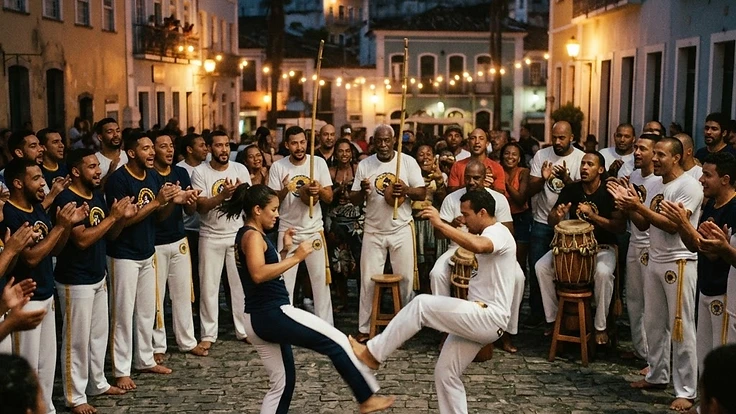 Afro-Brazilian capoeira roda with berimbau at dusk in Salvador