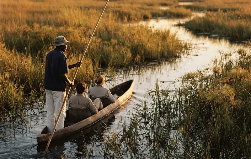 Mokoro gliding past reeds in Botswana's Okavango delta