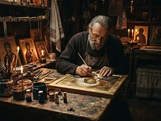Orthodox iconographer painting a gold-leaf icon in candlelight