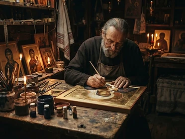 Orthodox iconographer painting a gold-leaf icon in candlelight
