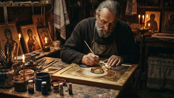 Orthodox iconographer painting a gold-leaf icon in candlelight