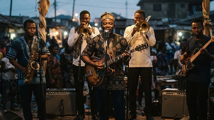 Ghanaian highlife musicians with brass horns on a stage at dusk