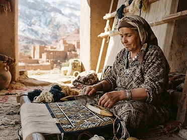 Amazigh woman weaving a carpet with tifinagh-inspired patterns