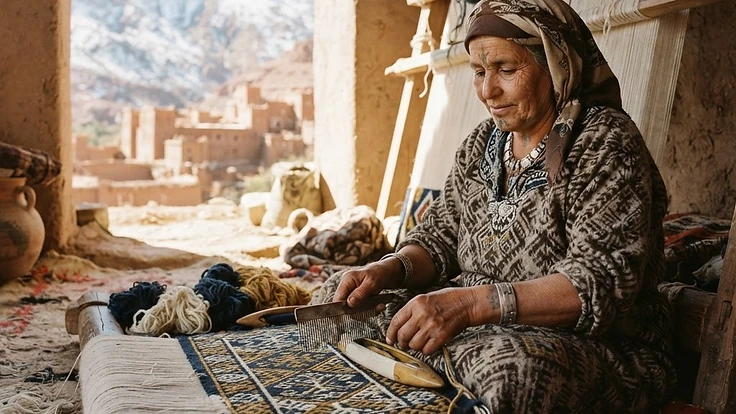 Amazigh woman weaving a carpet with tifinagh-inspired patterns