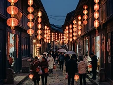 Red Lunar New Year lanterns glowing along an old town alley