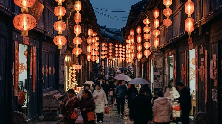 Red Lunar New Year lanterns glowing along an old town alley