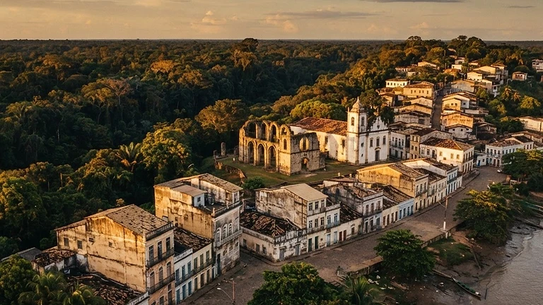 Brazilian rainforest edge meeting colonial architecture at golden hour