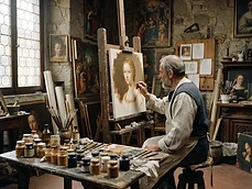 Renaissance artist's workshop with easel and pigments