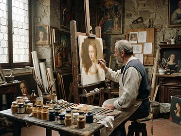 Renaissance artist's workshop with easel and pigments