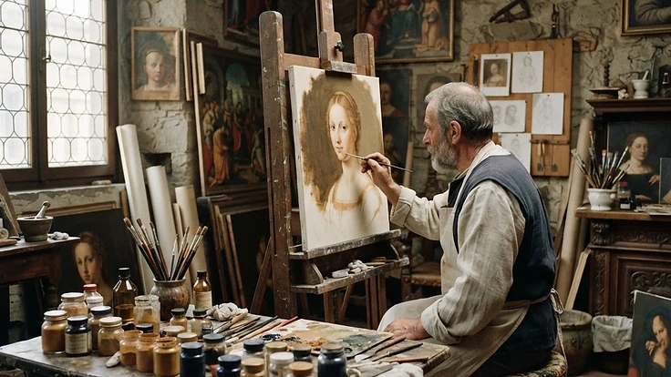Renaissance artist's workshop with easel and pigments