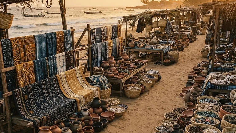 West African coastal market scene at golden hour