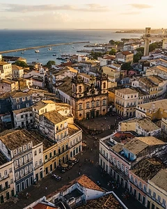 Colonial colorful houses and a church in Salvador da Bahia, Brazil