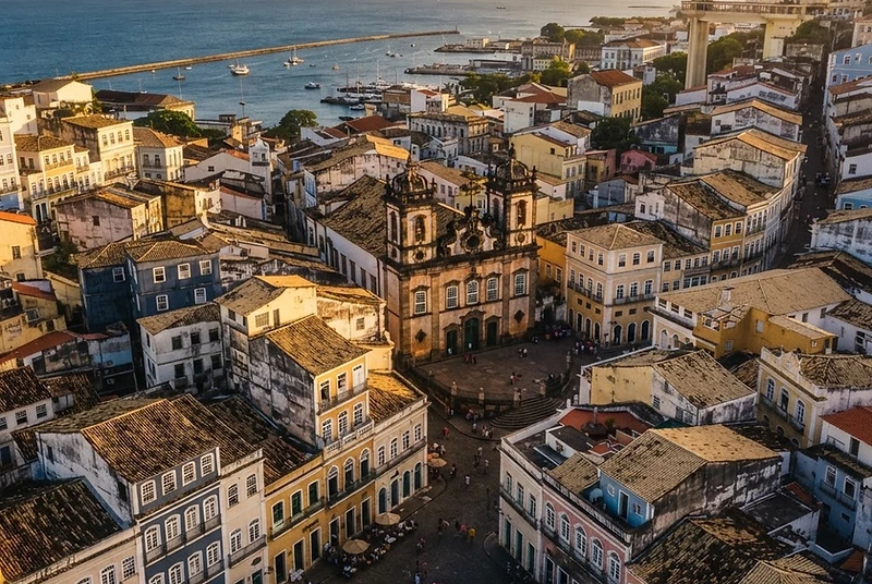 Colonial colorful houses and a church in Salvador da Bahia, Brazil