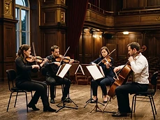 Classical string quartet rehearsing in a European hall