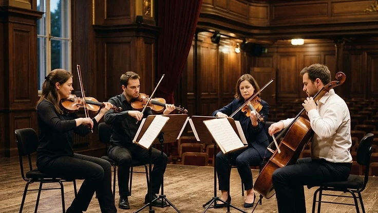 Classical string quartet rehearsing in a European hall