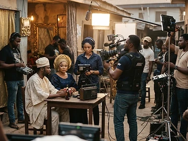 Nigerian film crew on a Nollywood set in Lagos
