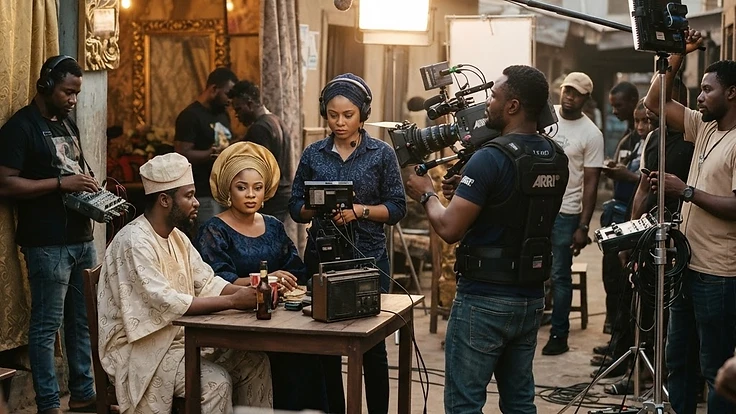 Nigerian film crew on a Nollywood set in Lagos