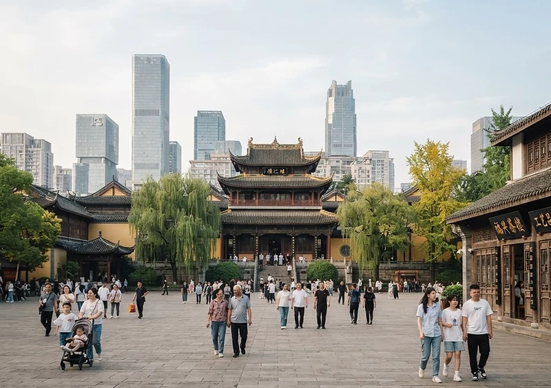 Modern Chinese city blending with historic imperial architecture and citizens in a public plaza.