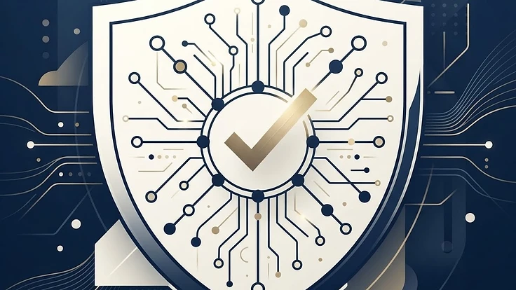 Conceptual illustration of digital trust infrastructure: a shield, network nodes and a verified checkmark