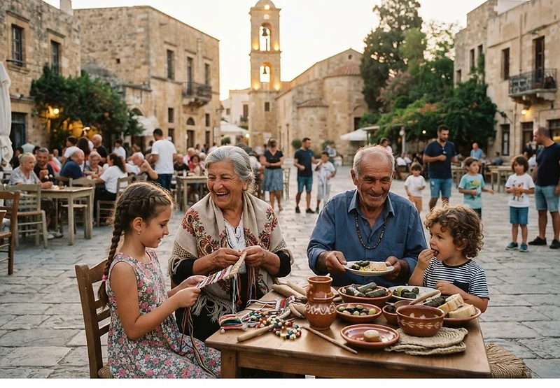 A multi-generational cultural gathering in a historic public square