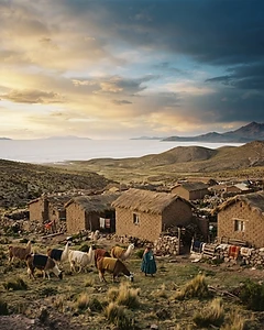 Bolivian altiplano adobe village with grazing llamas