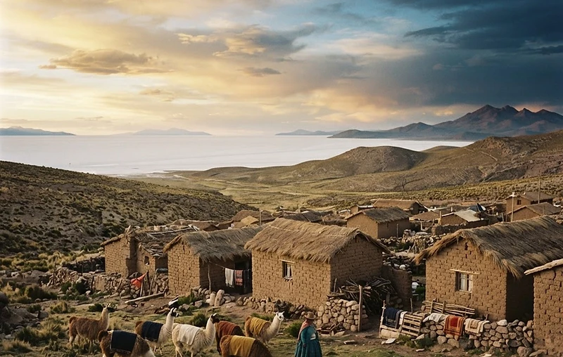 Bolivian altiplano adobe village with grazing llamas
