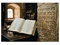 Hebrew letters carved in Jerusalem stone beside an open book