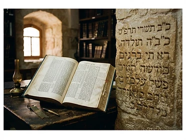 Hebrew letters carved in Jerusalem stone beside an open book