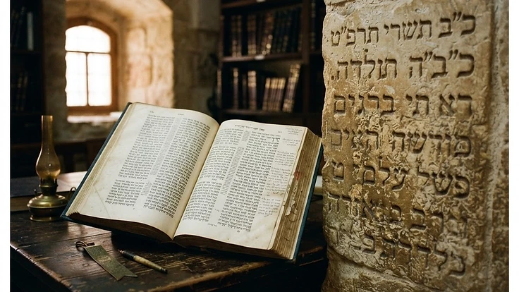 Hebrew letters carved in Jerusalem stone beside an open book