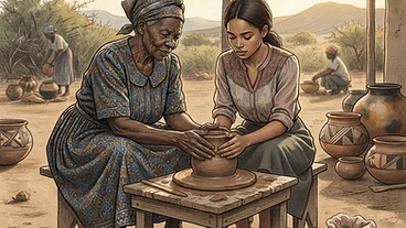 Echoes of the Clay: Preserving the Pottery Traditions of the Bakgatla ba Kgafela: AI-generated editorial illustration for NATION CONTINUITY.
